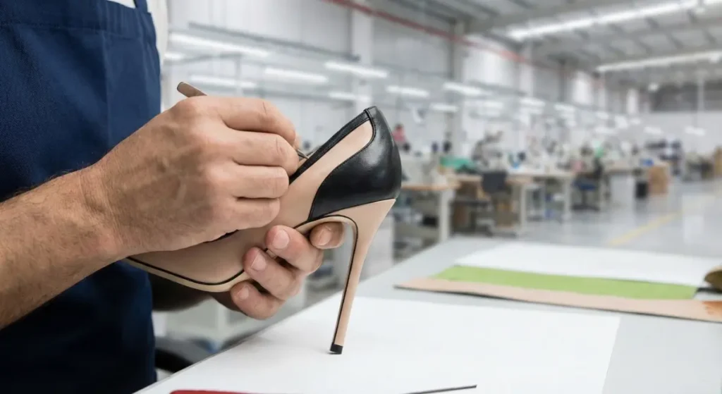 Close-up of a skilled artisan's hands using a tool to meticulously hand-finish a black and beige high-fashion stiletto heel in a clean workshop, with a blurred factory background.
