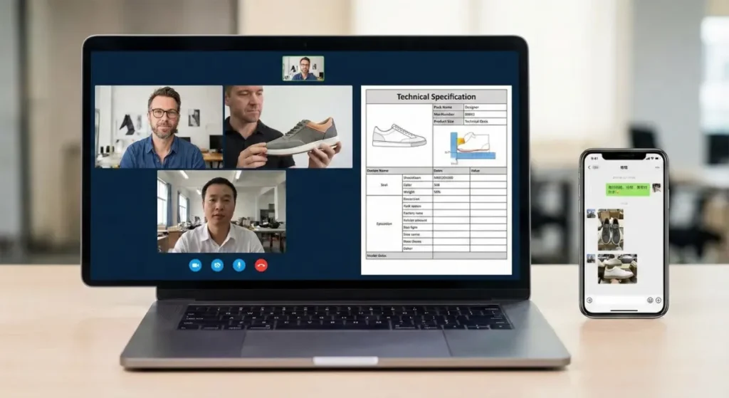A laptop displaying a video conference call between a Western designer and a Chinese factory manager holding a shoe sample, alongside a digital tech pack. A smartphone next to it shows a chat app with photo updates.