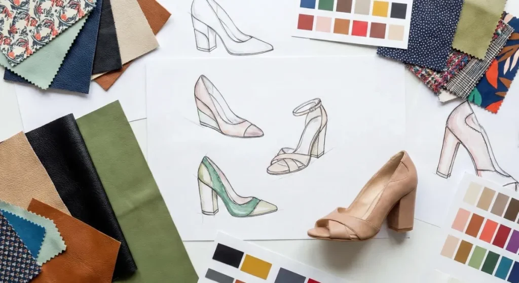 Flat lay of a footwear designer's desk showing hand-drawn sketches of high heels, various fabric and leather color swatches, and a finished prototype shoe.