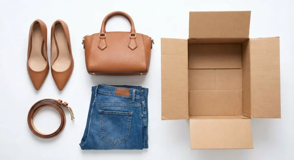 A flat lay arrangement of matching brown leather heels, a handbag, a belt, and folded blue jeans, all laid out next to an open cardboard shipping box ready for packing.