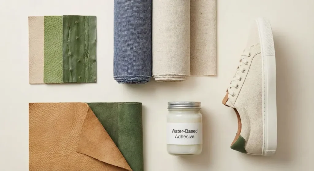 A curated display of eco-friendly footwear materials including plant-based leather swatches, recycled fabric rolls, a jar of water-based adhesive, and a finished sustainable sneaker.