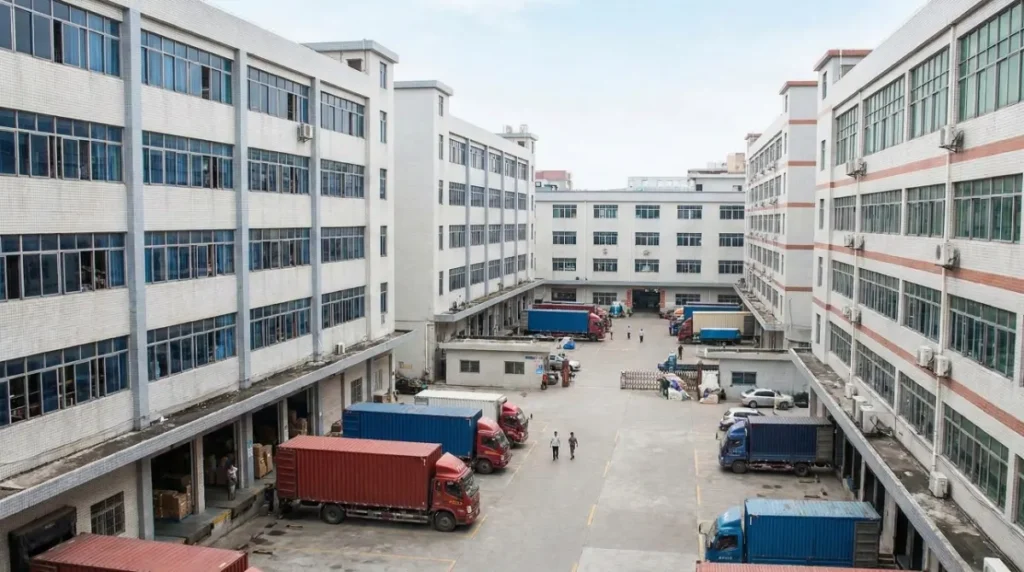 Wide-angle photograph of a large, active multi-story shoe factory complex in a Chinese industrial zone with trucks loading at docks.