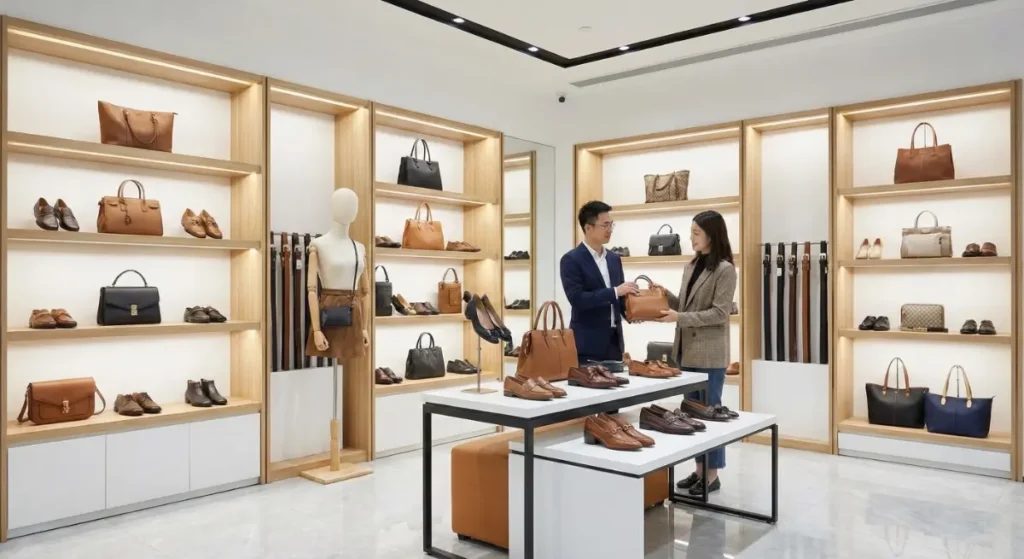 A bright, modern showroom displaying coordinated collections of leather handbags, shoes, and belts on shelves, with a representative showing products to a male buyer.