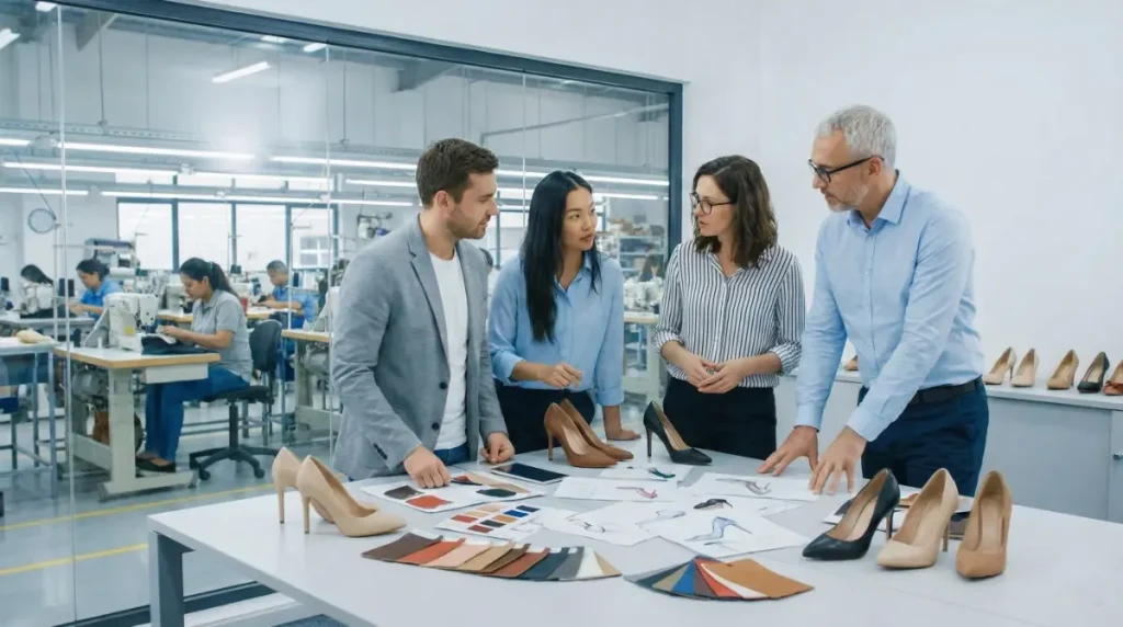 A small, diverse team of four discusses high heel prototypes and design sketches in a modern glass office overlooking a busy footwear production floor.