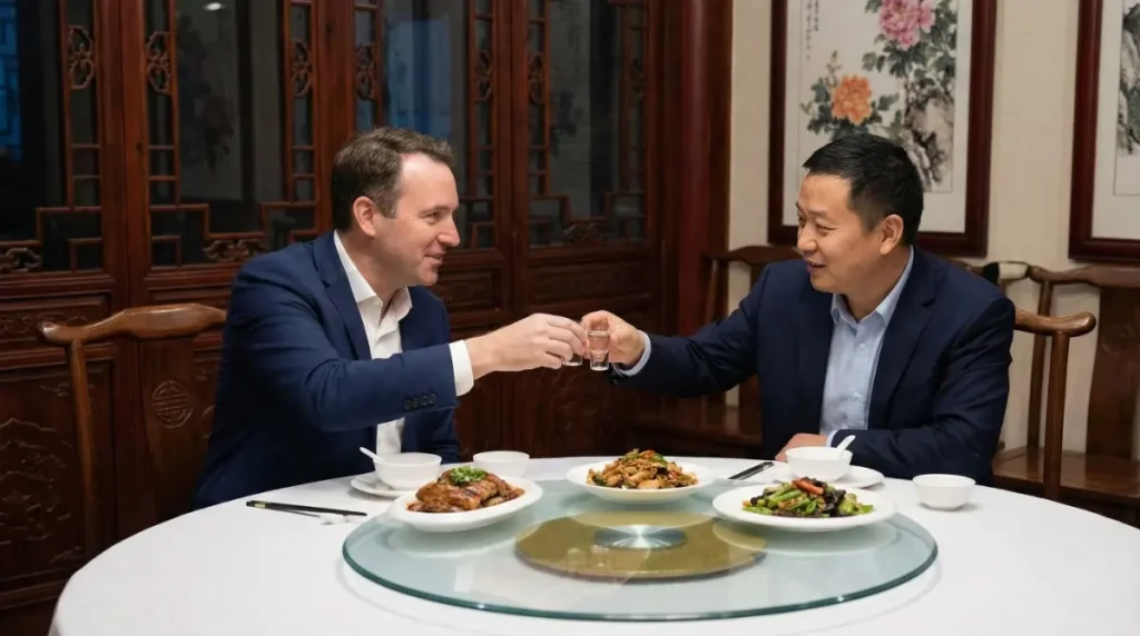 A Western buyer and a Chinese factory owner toasting with small glasses at a traditional Chinese dinner.
