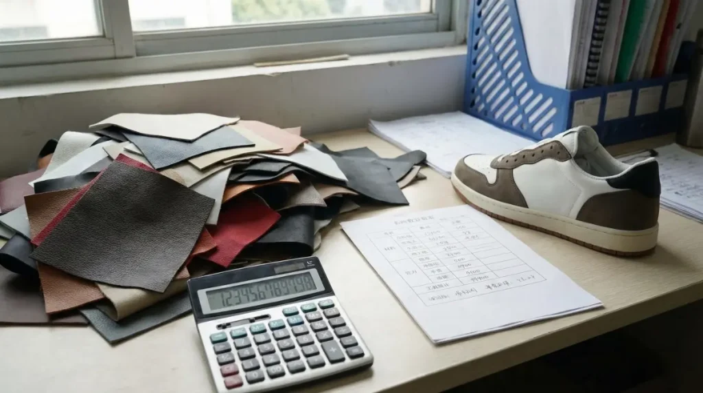 A factory desk showing material swatches, a calculator, a cost breakdown sheet, and a finished sneaker prototype.