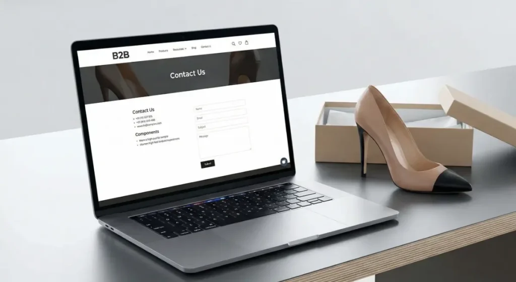 A laptop displaying a B2B sourcing website sits on a desk next to an open shipping box containing a newly arrived high heel sample.