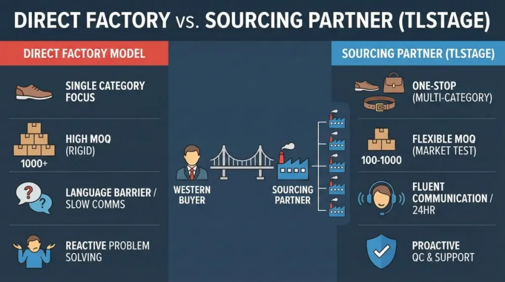 Infographic comparing the features of the "Direct Factory Model" (single category, high MOQ, language barriers) with the "Sourcing Partner (TLSTAGE)" model (one-stop, flexible MOQ, fluent communication).