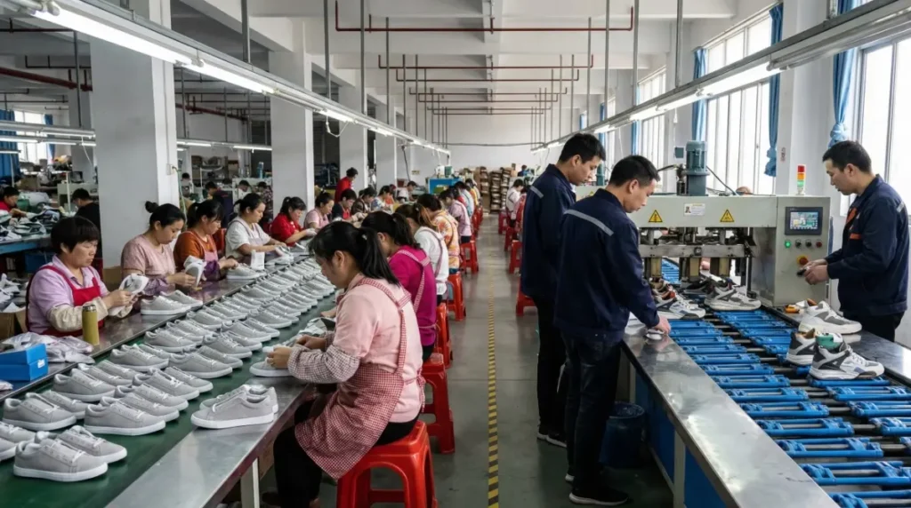 Two production lines in a Chinese shoe factory, one busy with a large order and the other less active, illustrating the impact of order volume.