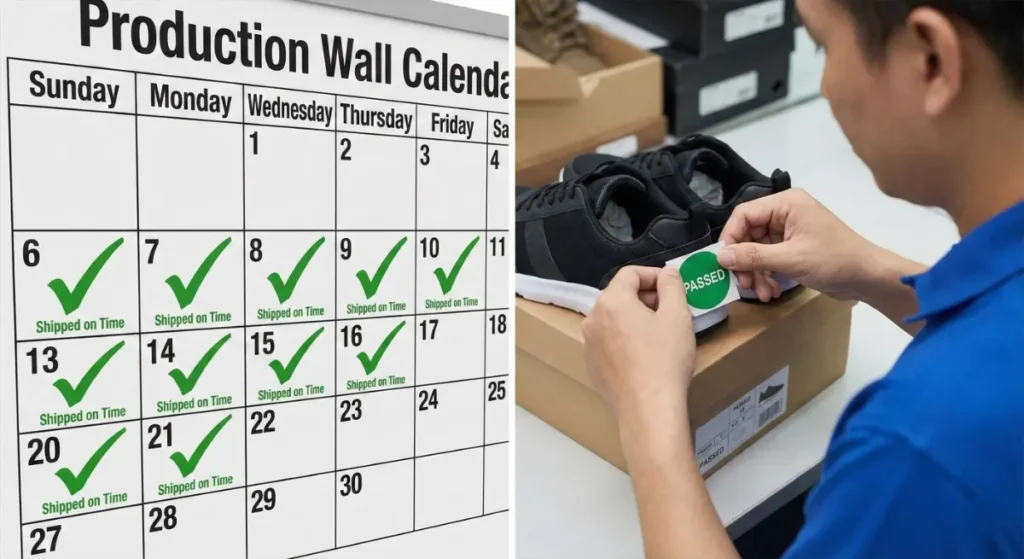 Workers performing final cleaning and packing of finished high heels at the end of a production line, with a production schedule whiteboard visible in the background.