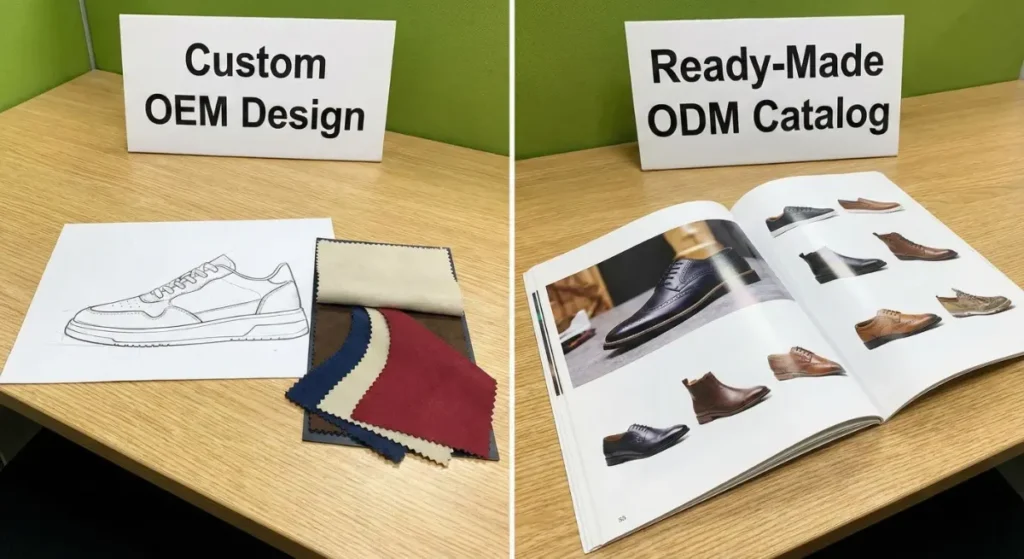 A workbench in a factory showing technical design blueprints (OEM) alongside shoe lasts and cut leather parts (ODM base) ready for assembly.