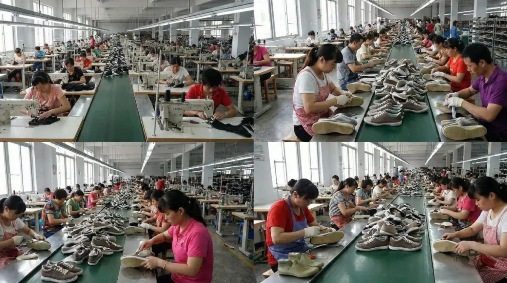 A collage of photos showing hundreds of workers on busy production lines in a large Chinese shoe factory, stitching and assembling footwear.