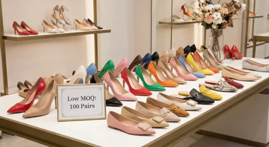 A display table in a showroom filled with various colorful women's high heels and loafers, featuring a framed sign that clearly reads "Low MOQ: 100 Pairs".