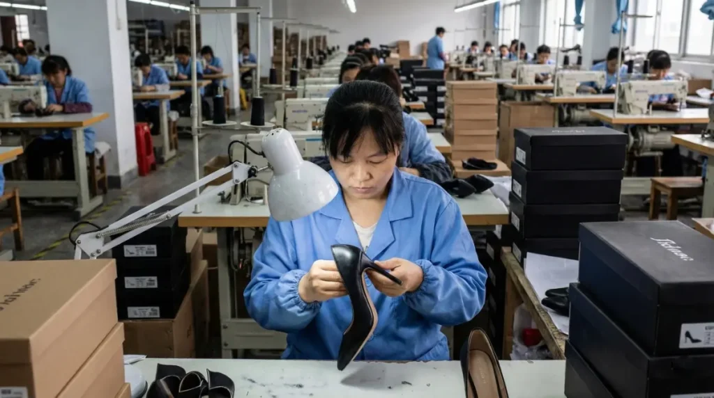 A female worker carefully performs a visual inspection on a black high heel shoe for quality defects in a busy Chinese factory setting with other workers in the background.