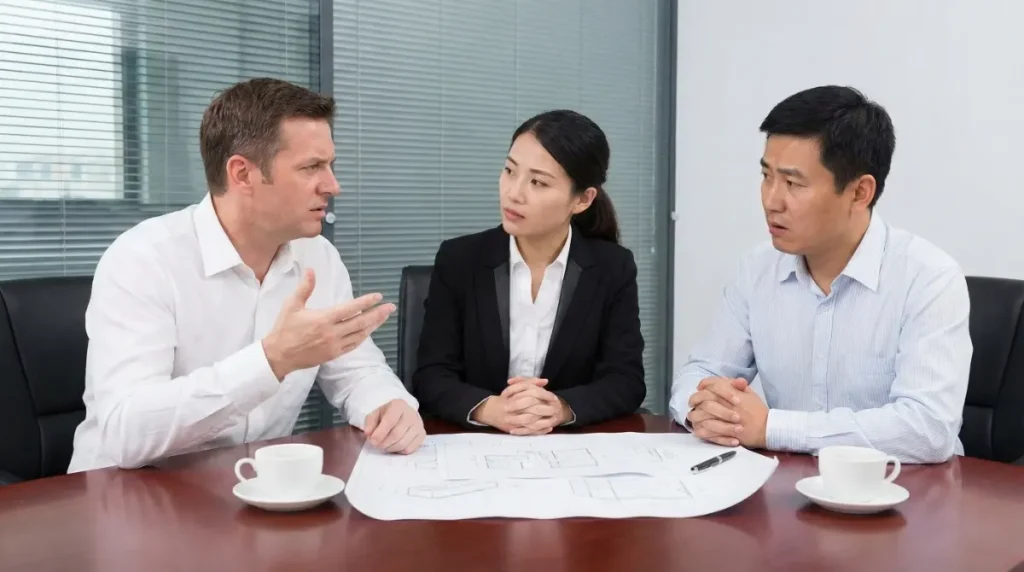 A tense business meeting in a Chinese factory conference room with a frustrated Western buyer, a translator, and a confused factory owner.