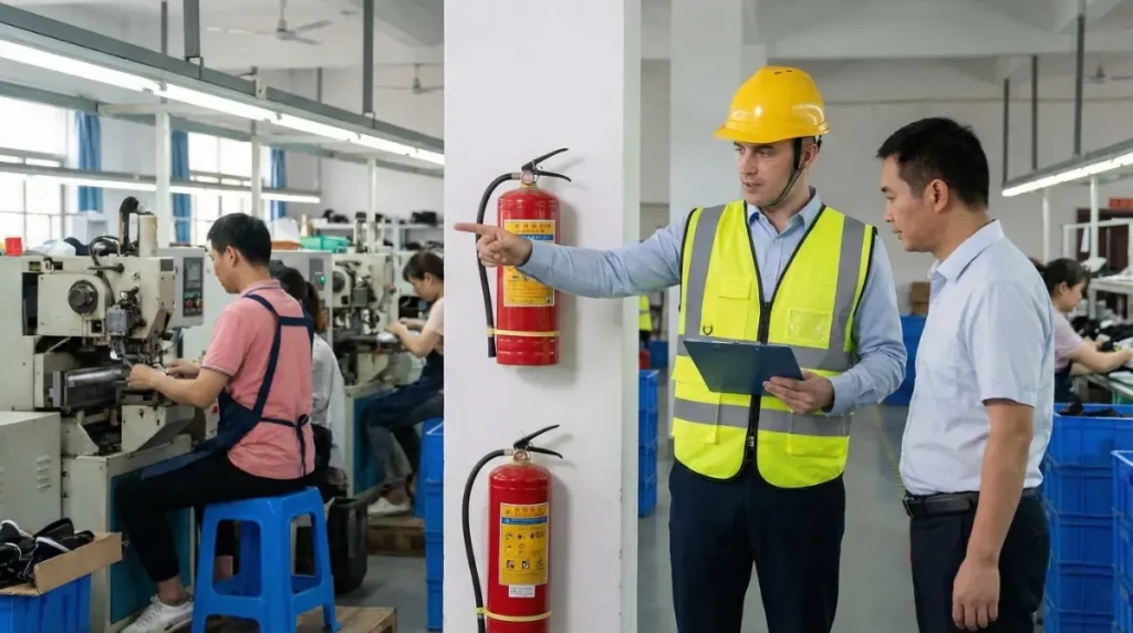 A third-party auditor in a hard hat and safety vest conducting an inspection inside a Chinese shoe factory with a factory manager.