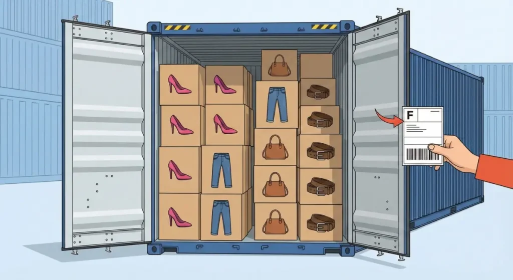 An illustration of an open blue shipping container packed with cardboard boxes featuring icons of high heels, jeans, handbags, and belts, with a hand holding a shipping label on the side.