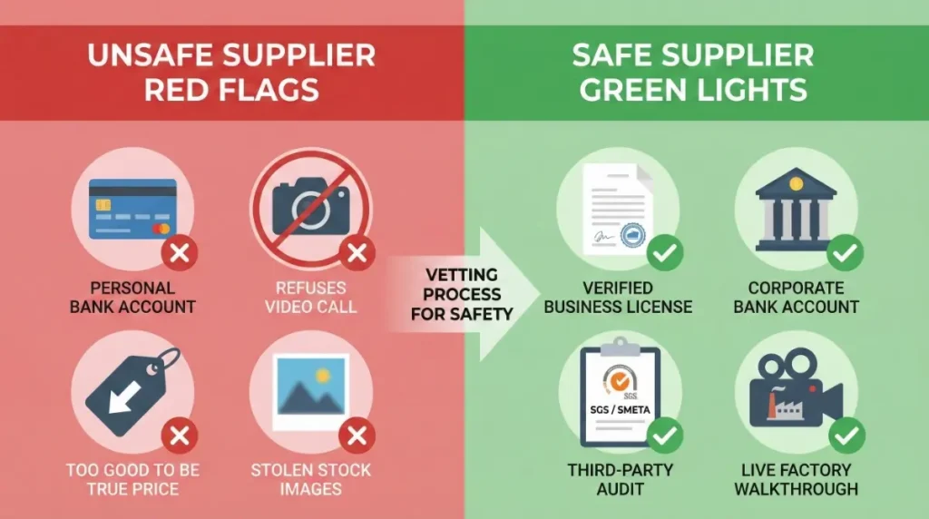Infographic comparing unsafe supplier red flags like personal bank accounts and no video calls with safe supplier green lights like verified licenses and third-party audits.