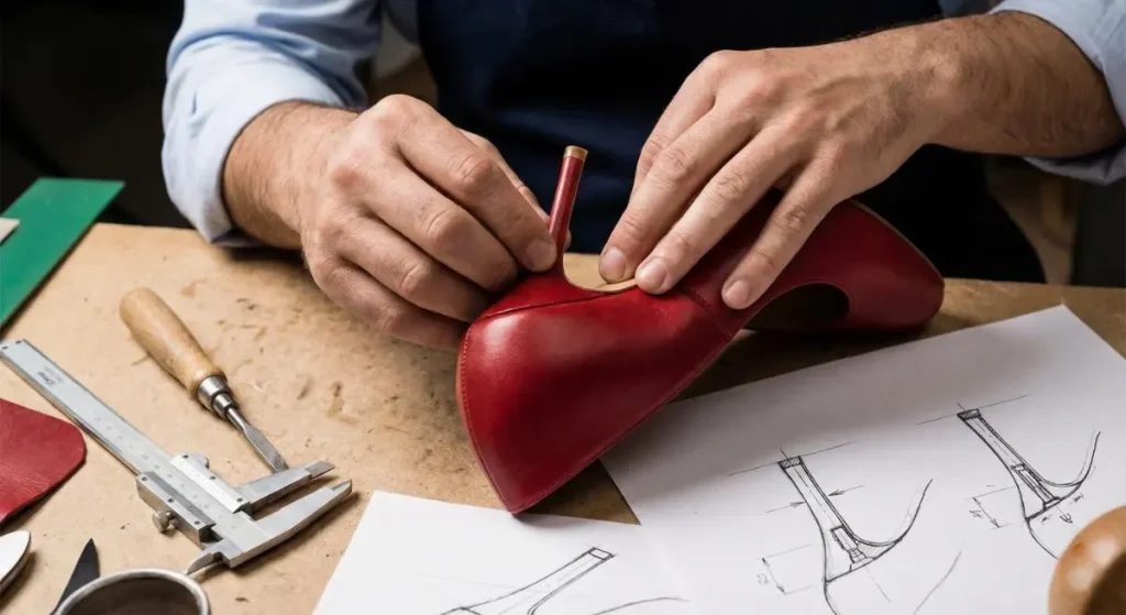 Close-up view of a skilled craftsman's hands using a hammer to carefully attach a stiletto heel to a beige women's shoe on a lasting form in a workshop.