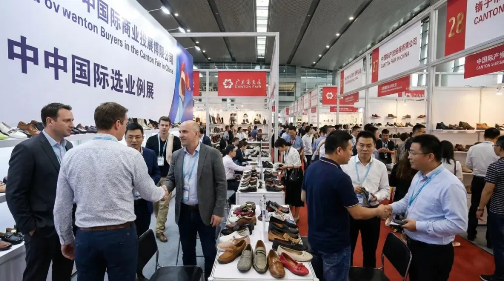 A crowded scene at the Canton Fair with Western buyers and Chinese suppliers interacting at a shoe booth.