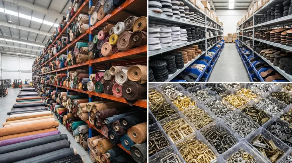 A three-panel photographic collage illustrating a complete footwear supply chain. The left panel shows a massive warehouse aisle stacked high with colorful rolls of leather; the top right shows shelves filled with various shoe soles; the bottom right shows organized bins of metal buckles and eyelets.