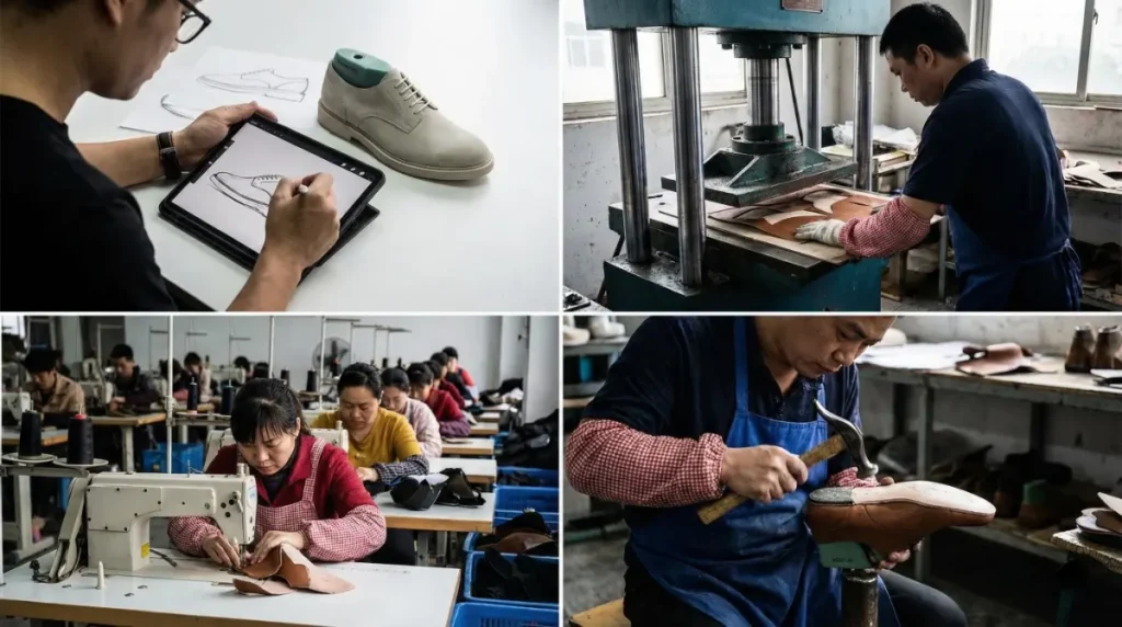 A four-panel photographic collage showing the stages of shoe production: designing, cutting materials, stitching uppers, and lasting.