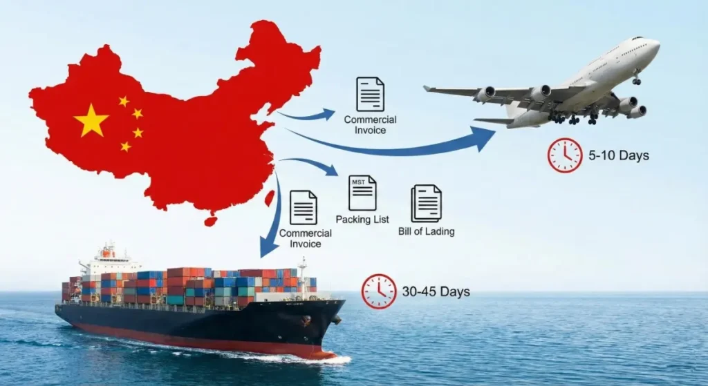 An infographic-style photograph showing a map of China with arrows pointing to a cargo ship on the sea and a cargo airplane in the sky. Icons for "Commercial Invoice," "Packing List," and "Bill of Lading" are placed along the routes, with transit times of "30-45 Days" for sea and "5-10 Days" for air.