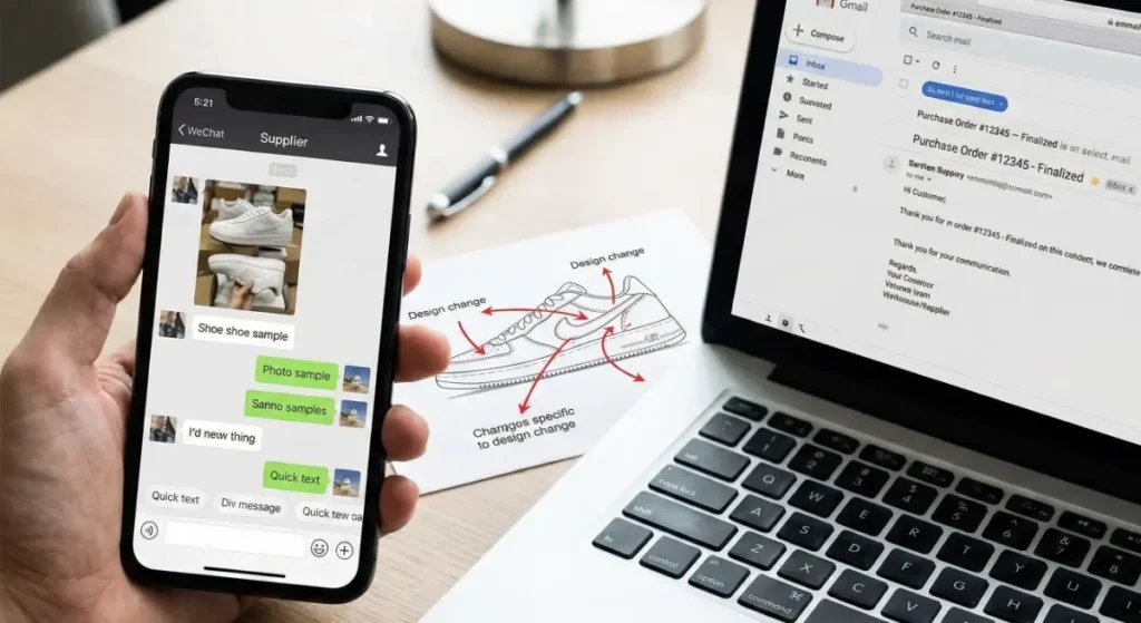 A close-up photograph of a desk with communication tools. A smartphone displays an active WeChat conversation with photos of shoe samples. Next to it, a laptop shows a finalized "Purchase Order" email. On the desk, a printed shoe diagram has clear red arrows pointing to specific design changes.
