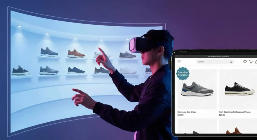 A futuristic photograph showing a person wearing a VR headset, gesturing to interact with a virtual shoe showroom displayed on a large curved screen. On a separate tablet, an e-commerce store page shows professional photos of shoes with a "Dropship Available" badge.