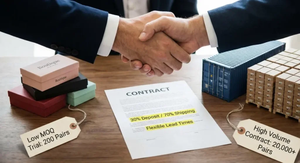 A conceptual photograph of a business handshake over a wooden table. On the left are small shoe boxes with a "Low MOQ Trial: 200 Pairs" tag. On the right is a miniature shipping container with pallets of boxes and a "High Volume Contract: 20,000+ Pairs" tag. A contract in the middle highlights flexible terms.