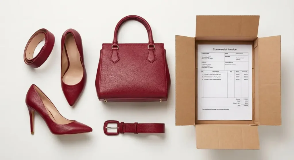 A stylish flat lay photograph on a white background, featuring a pair of red leather high heels, a matching red leather handbag, and a red belt. Next to the products is an open shipping carton and a single consolidated commercial invoice listing all three items.
