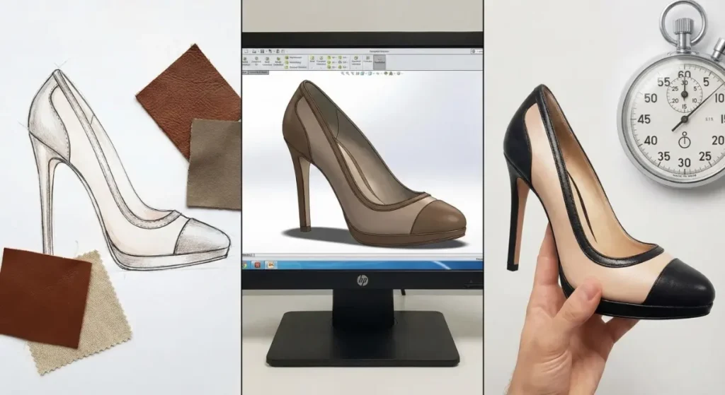 A triptych photograph showing the product development journey. The left panel shows a hand-drawn fashion sketch of a high heel with swatches. The middle panel shows a 3D CAD model on a monitor. The right panel shows a hand holding the physical prototype shoe, matching the design, with a stopwatch in the background.