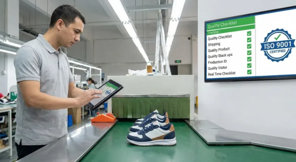 A photograph inside a well-lit shoe factory quality control area. A QC inspector is using a digital tablet to scan a finished sneaker on a production line. In the background, a large wall-mounted monitor displays a real-time quality checklist with green checkmarks and an "ISO 9001 CERTIFIED" logo.