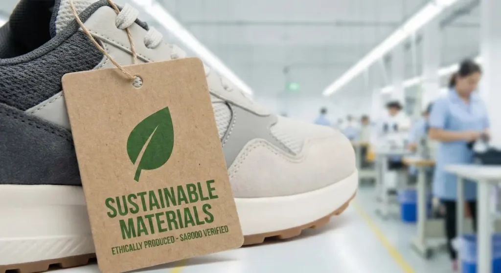 A close-up photograph of a hangtag on a pair of modern sneakers. The tag is made of recycled paper and clearly features a green leaf icon with the text "SUSTAINABLE MATERIALS" and "ETHICALLY PRODUCED - SA8000 VERIFIED". The background is a gently blurred, clean, and bright factory floor with workers.