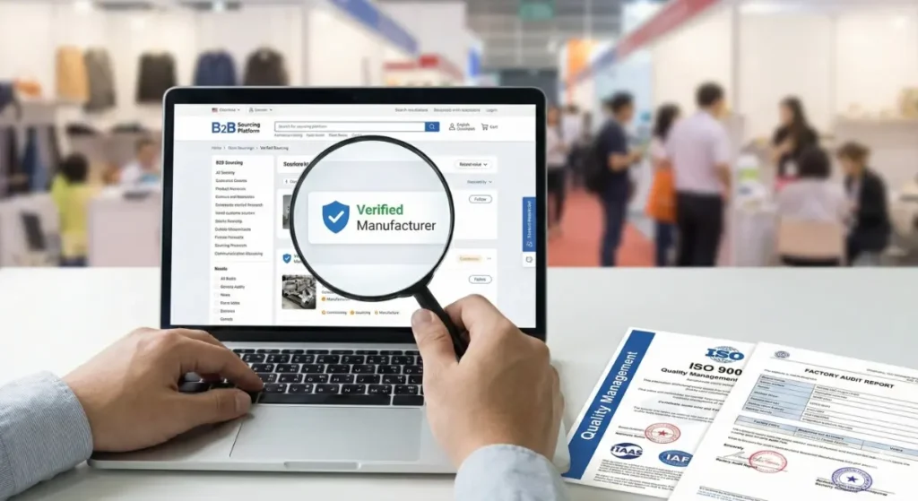 A close-up of a buyer's hands holding a magnifying glass over a laptop screen showing a B2B platform with a "Verified Manufacturer" badge. Next to it are official stamped documents, including an "ISO 9001 Quality Management" certificate and a factory audit report.