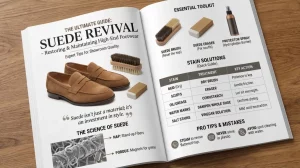 Open magazine spread on a wooden table titled "Suede Revival," featuring a pair of brown suede loafers, a cleaning toolkit with brushes and erasers, a "Stain Solutions" chart, and microscopic diagrams of suede fibers.