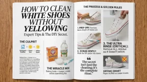An open magazine spread on a wooden table displaying a step-by-step visual guide on how to clean white shoes without yellowing, featuring the baking soda and vinegar DIY mix, thorough rinsing, and proper drying techniques.