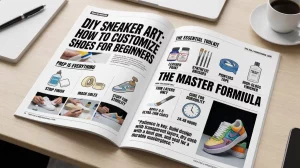 A glossy magazine feature open on a desk, illustrating steps and tools for customizing shoes for beginners with modern design, photos, and bold typography.