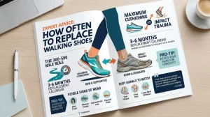 A stylish magazine article page laid on a modern light-wood desk, titled "EXPERT ADVICE: HOW OFTEN TO REPLACE WALKING SHOES". It features a graphic with two walkers: one with a clean teal-and-orange shoe ("NEW & SUPPORTIVE", "MAXIMUM CUSHIONING") and one with a worn grey-and-brown shoe ("WORN & DEGRADED", "IMPACT TRAUMA"). Around it, four sections are titled: "THE 300-500 MILE RULE" (path with odometer), "3-6 MONTHS REPLACEMENT CALENDAR", "VISIBLE SIGNS OF WEAR" (icons of Bald Tread, Midsole Cracks, Asymmetrical Lean, Exposed Foam), and "BODY SIGNALS TO WATCH" (stressed foot, knee, lower back pain). A side-bar has "PRO-TIP: ROTATE YOUR PAIRS FOR LONGEVITY". A sleek text box contains a quote: "Your shoes are your primary interface between your body and the hard, unforgiving earth. Don't compromise your mobility." - TLSTAGE. Small TLSTAGE logo at bottom. The scene is bright and clean with a natural light source.
