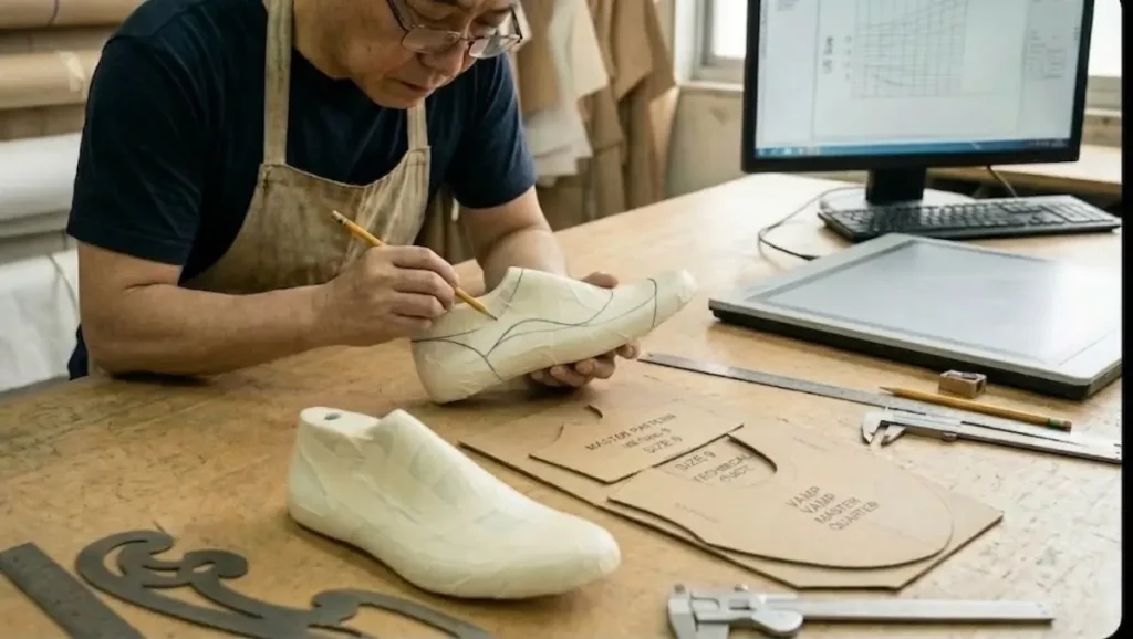 A detailed photograph of an older male footwear designer wearing glasses and an apron, seated at a wooden work table. He is focused, using a pencil to draw intricate pattern lines onto a white shoe last (shoe form) that he holds in his hand. The desk is covered in tools of the trade: various cardboard pattern templates labeled with size and technical information, calipers, rules, curve templates, and a graphics tablet. A computer monitor in the background displays design charts. The scene is set in a professional, well-lit design studio.