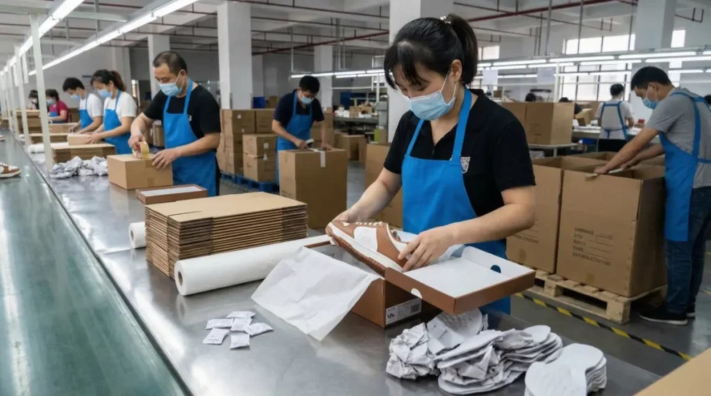 Factory workers wearing blue aprons and masks on a footwear assembly line, with a woman in the foreground carefully packing a finished leather sneaker into a shoebox. Caption: The final packaging and quality check stage in a professional footwear manufacturing facility.
