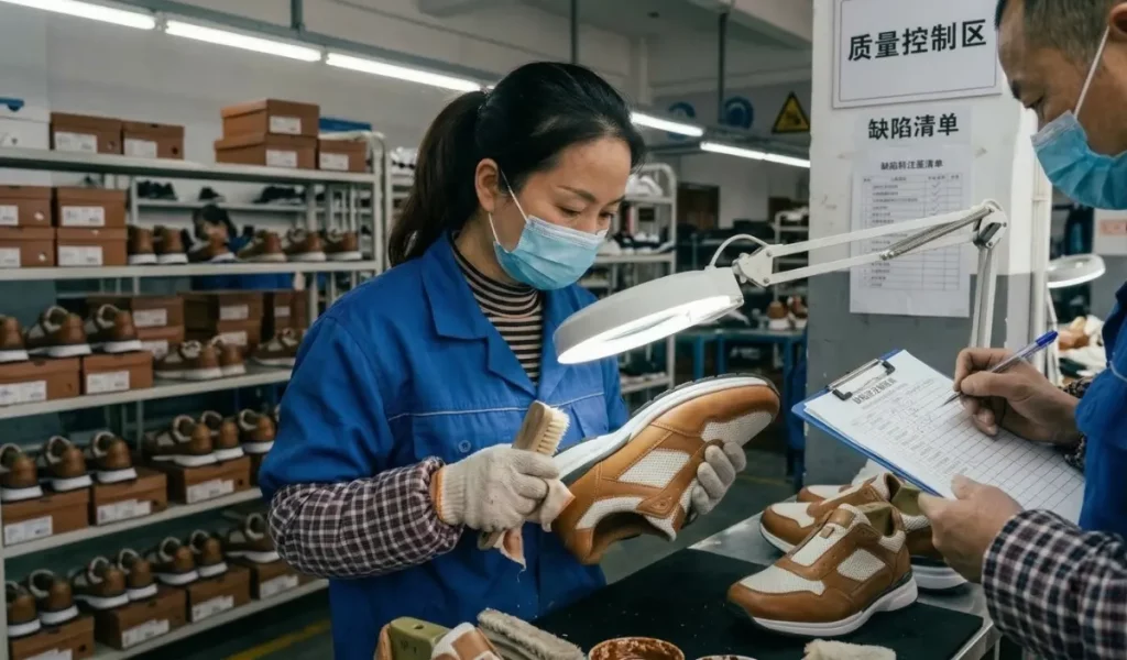 Two factory workers in masks conducting quality control. A woman inspects and cleans a brown leather sneaker under a magnifying lamp, while a man records the results on a clipboard checklist.