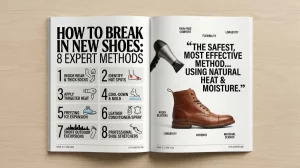 An open magazine spread on a wooden table titled "HOW TO BREAK IN NEW SHOES: 8 EXPERT METHODS." The left page features a numbered checklist with icons, and the right page shows a brown leather boot, a hairdryer, and an editorial quote.