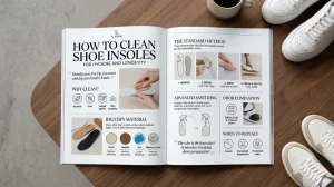 An open magazine on a wooden table displaying a detailed infographic about cleaning shoe insoles, with nearby sneakers and a coffee cup.