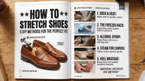 Top-down view of an open two-page magazine guide on a rustic wooden table. The left page features the bold heading "HOW TO STRETCH SHOES: 5 DIY METHODS FOR THE PERFECT FIT" with a photo of a pair of brown loafers, one with a mechanical shoe stretcher inserted. The right page provides a numbered list of five methods (Sock & Heat, The Freezer Hack, Alcohol Spray, Steam for Canvas, Heel Massage), each accompanied by a small step-by-step photo and brief instruction text. The guide is surrounded by tools: a bottle of premium leather conditioner, a hair dryer, and a generic spray bottle.