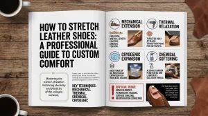 A photograph of an open magazine spread infographic detailing professional methods for stretching leather shoes.