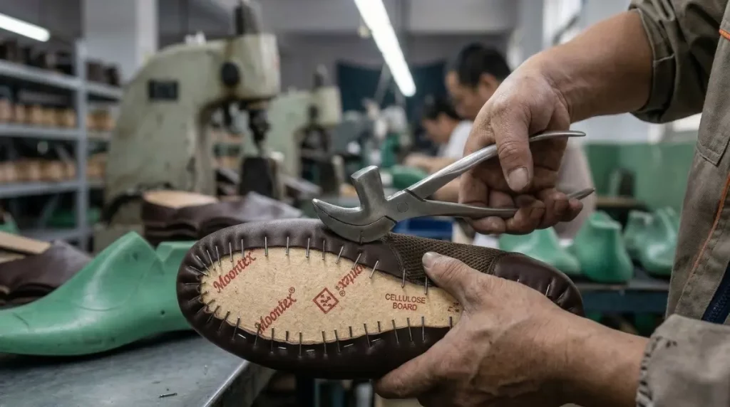 A close-up view of a footwear factory worker's hands meticulously using specialized lasting pincers to pull and pin a dark brown leather shoe upper tightly over a form, securing it with small nails. Heavy industrial machinery and other workers are blurred in the background.