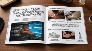 An infographic-style glossy magazine article spread on a wooden table, detailing a professional, multi-phase technical process for cleaning used shoes. The headline reads 'HOW TO CLEAN USED SHOES: THE PROFESSIONAL RESTORATION GUIDE'. It covers biological risks, material care for leather and suede, and structural reset.