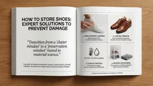 An expert guide infographic styled as a magazine spread detailing how to store shoes to prevent damage. It covers cleaning, using cedar trees, climate control, and selecting proper containers.