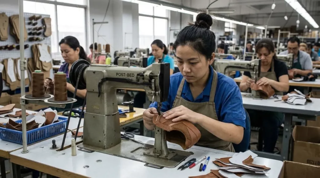 A skilled factory worker stitching a leather shoe upper at an industrial sewing machine, highlighting the labor involved in the cost to make shoes China.